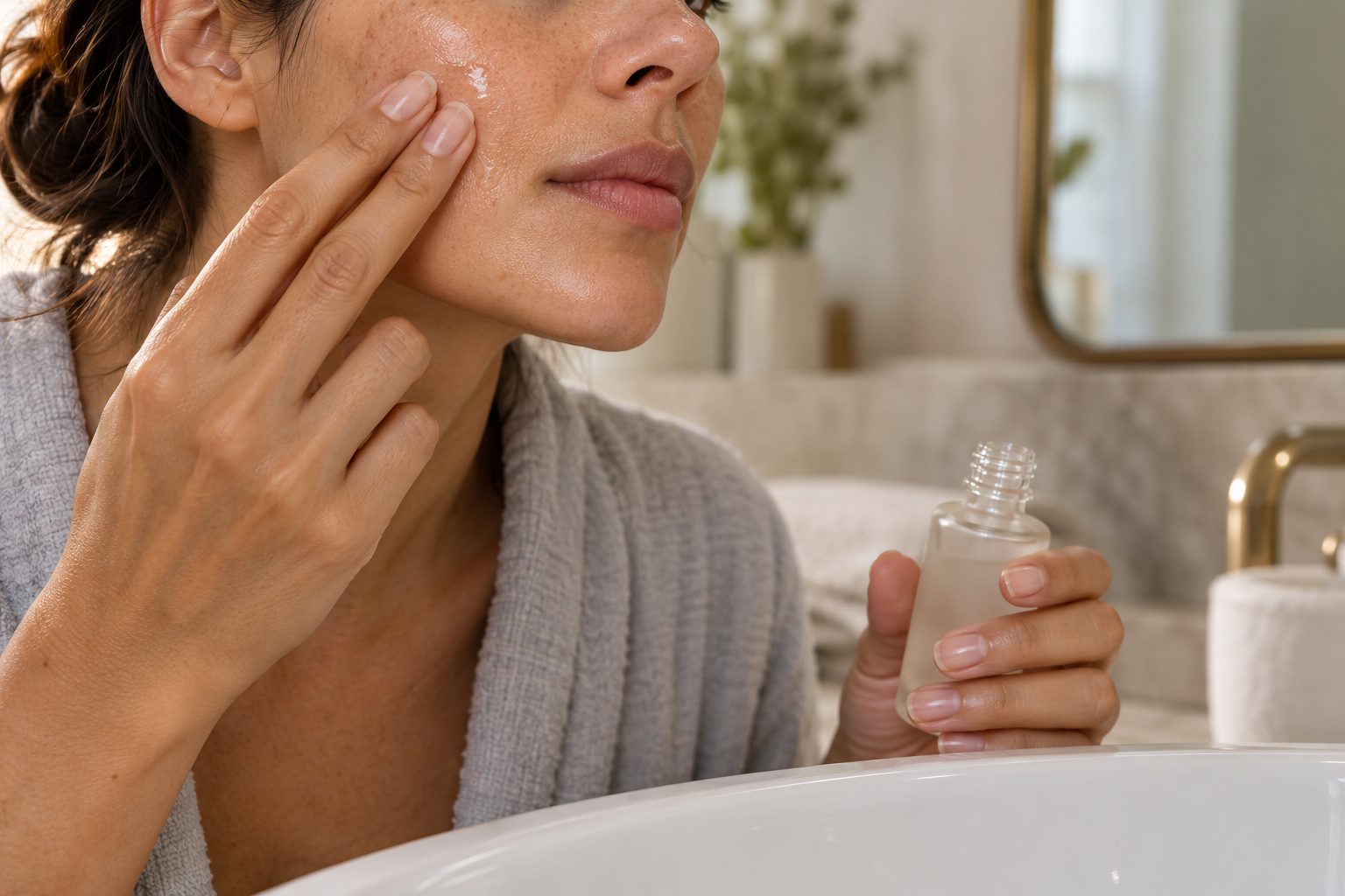 A woman pressing serum into her cheek at her bathroom sink.