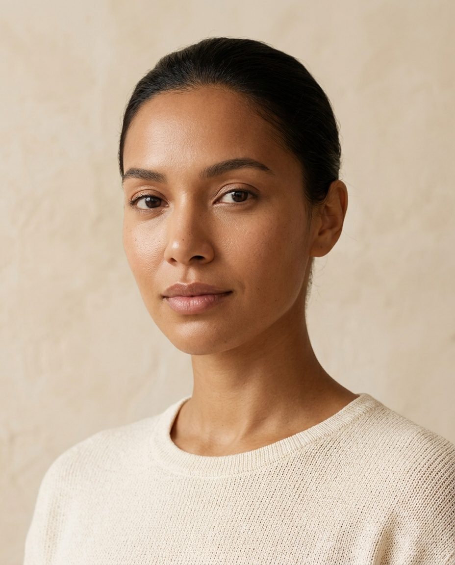 Portrait of a woman with warm medium skin, hair pulled back, in a cream knit top.