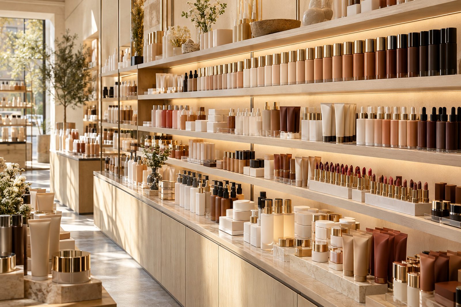 A long, well-stocked beauty store shelf with hundreds of makeup and skincare products.