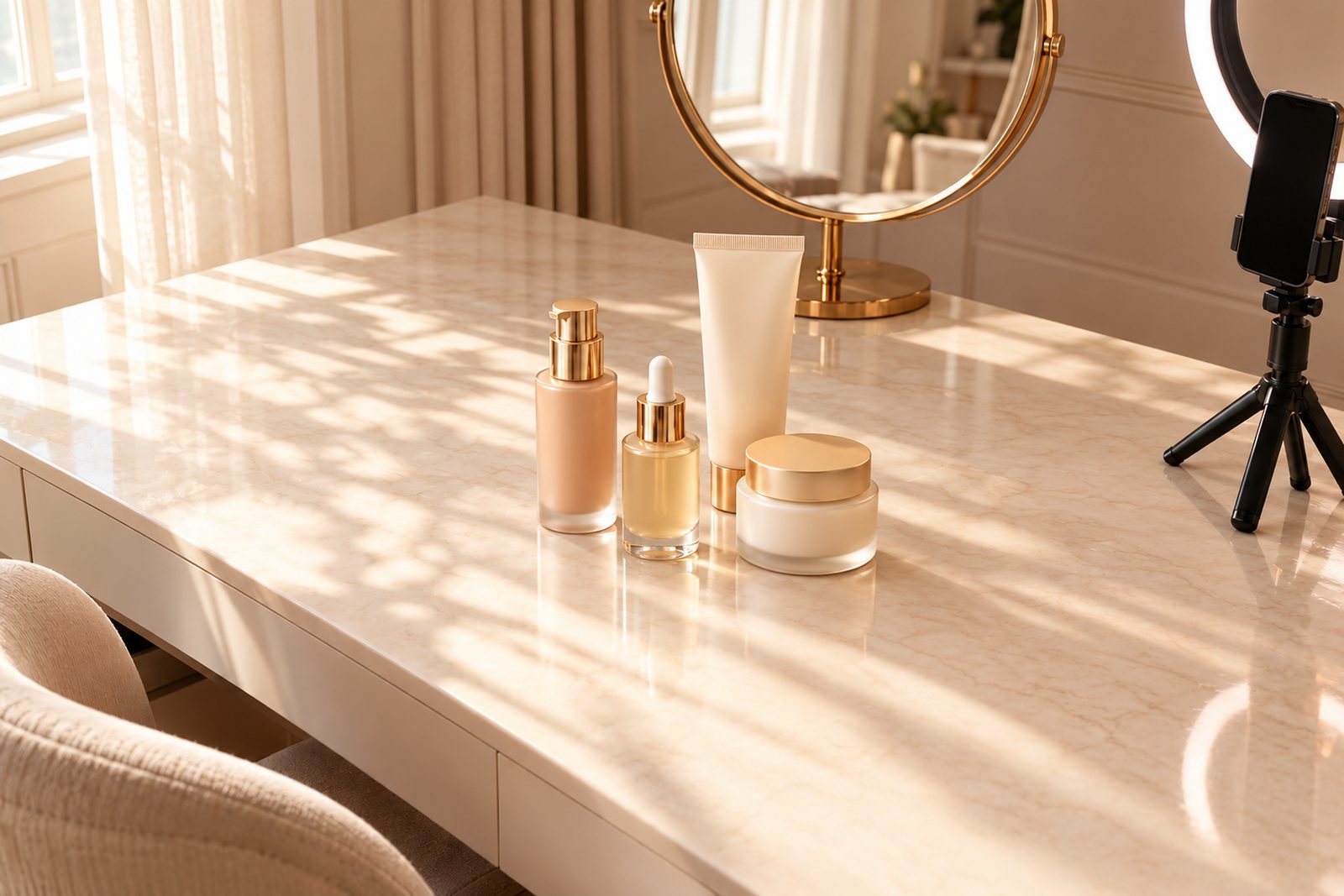 The same vanity with only four products left: a foundation, a serum, a sunscreen and a moisturiser.