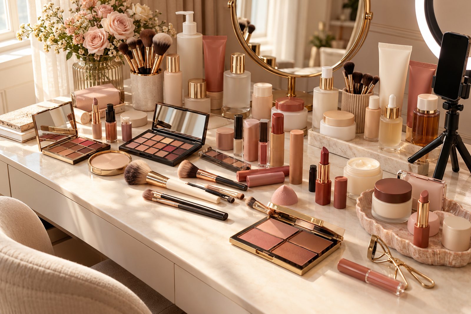 A creator's vanity table crowded with makeup, brushes and skincare.