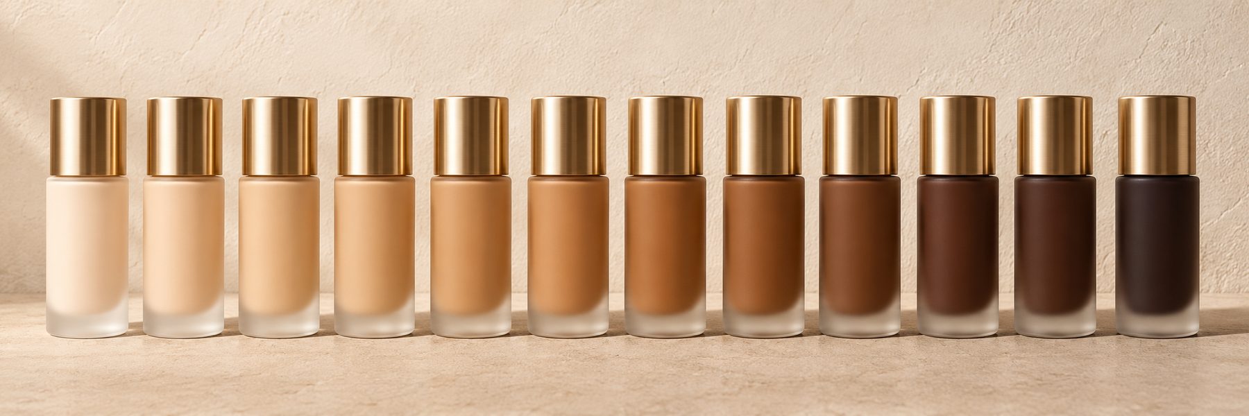Twelve foundation bottles from very light to very deep, with her shade lit.