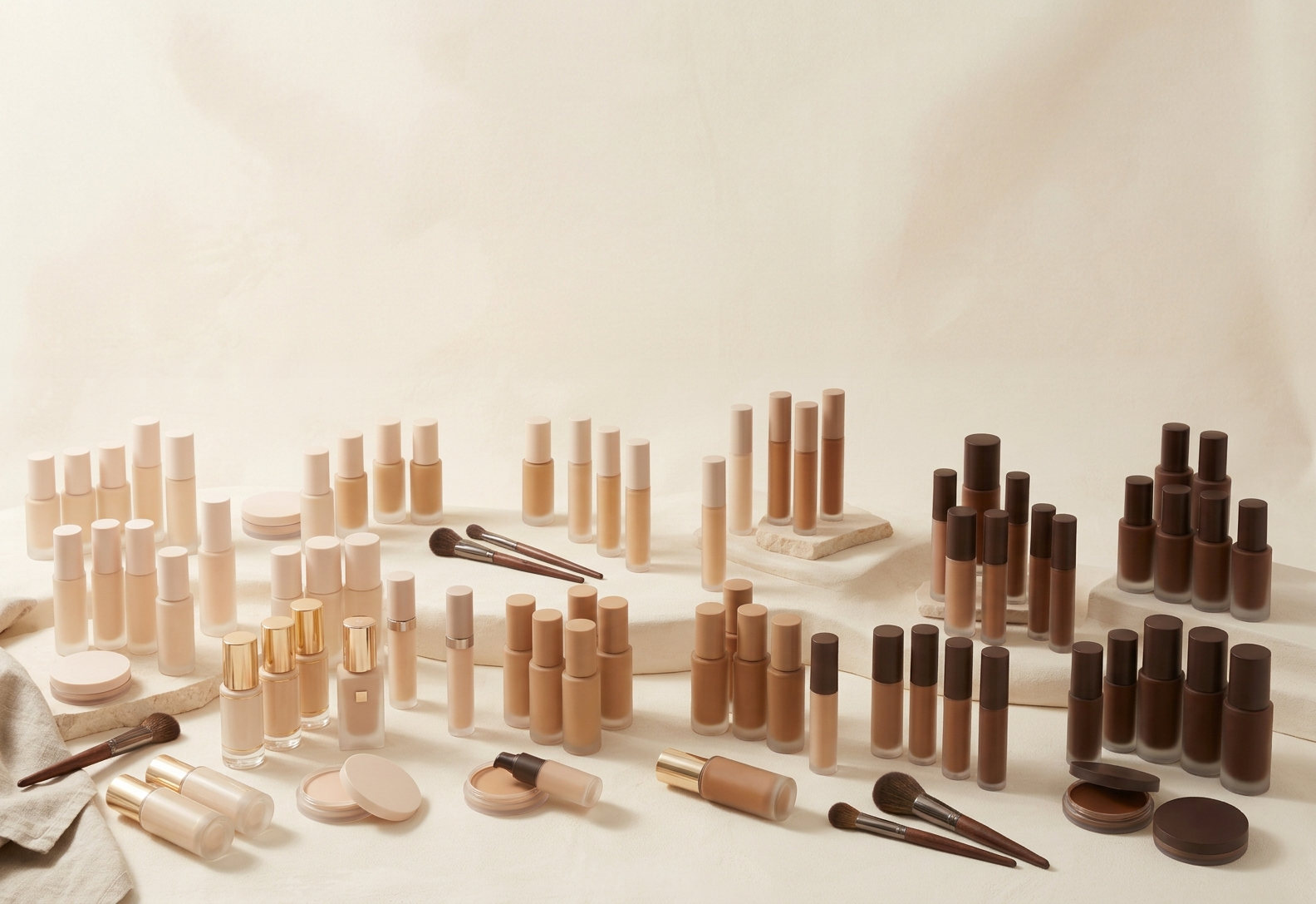 Foundations, concealers and powders arranged from the lightest to the deepest shades.