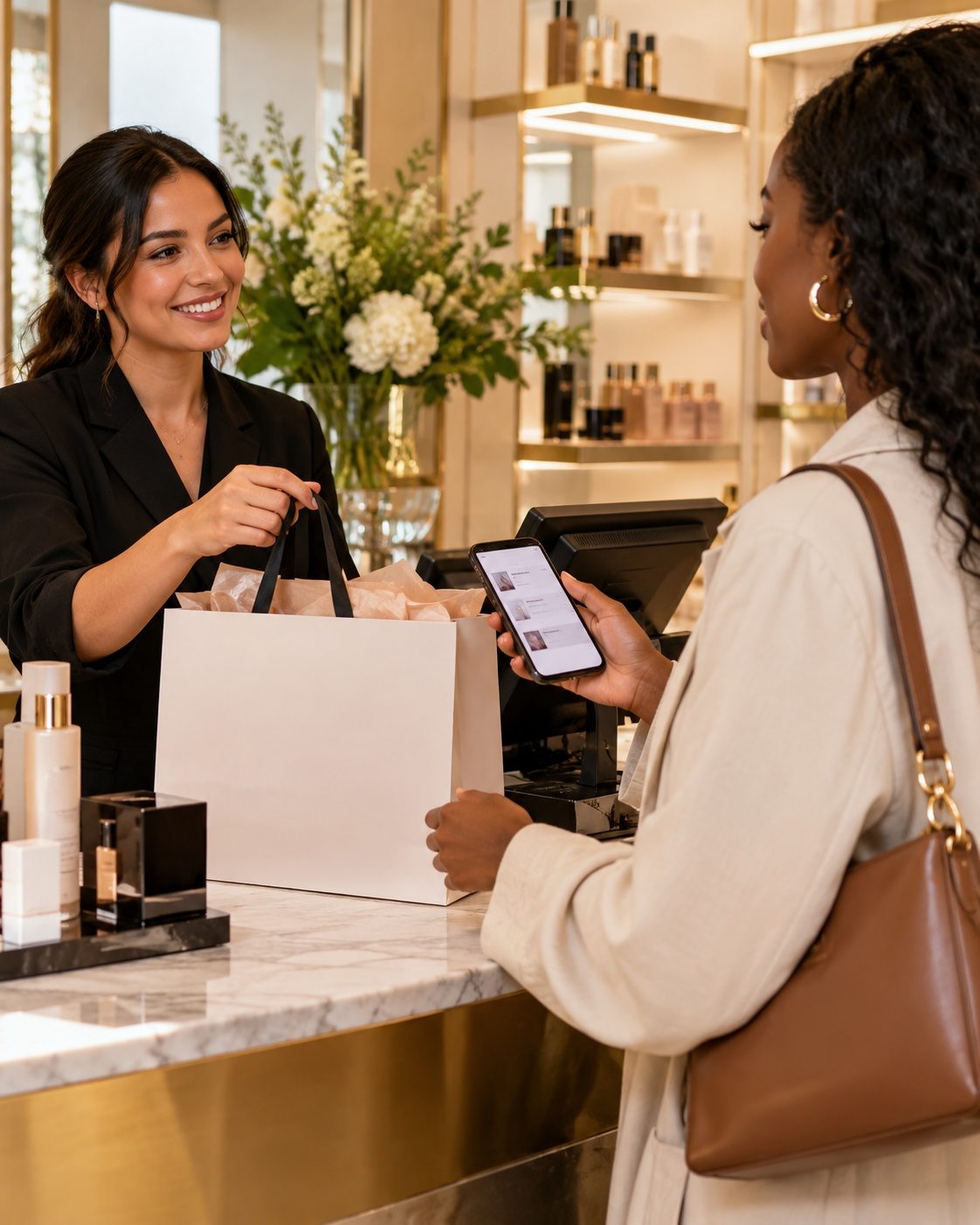 A shopper at a beauty store counter showing her phone while the advisor bags her products.