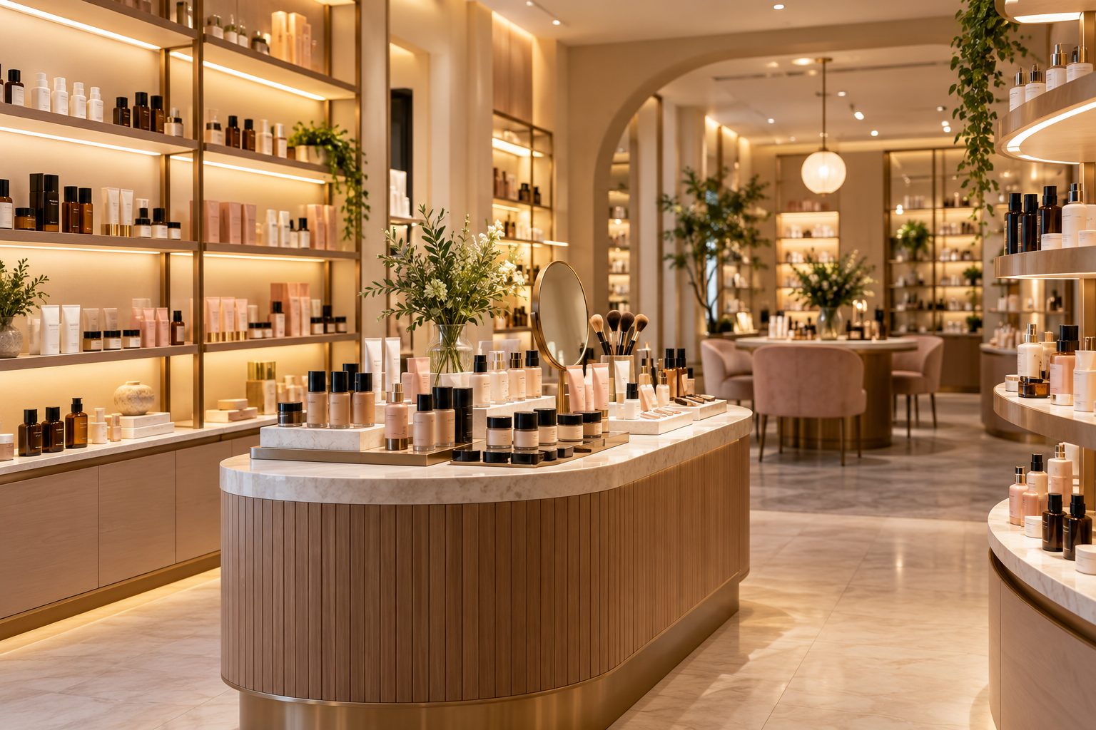 A bright beauty store with shelves of makeup and skincare around a central counter.